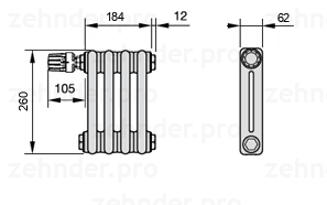 Схема (чертеж) Радиатор Zehnder Charleston 2026/4 №V012 Белый глянцевый RAL 9016